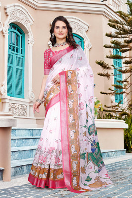 Vinayak Textile Printed Bollywood Linen Saree(White)