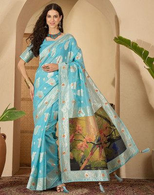 Sangria Woven, Embellished Banarasi Chanderi, Cotton Blend Saree(Blue)