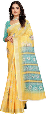 HouseOfCommon Digital Print Kanjivaram Pure Cotton, Cotton Linen Saree(Yellow)
