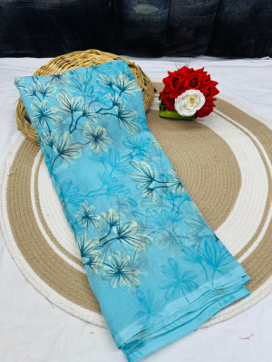 skeniz Printed Madhubani Georgette Saree(Light Blue)