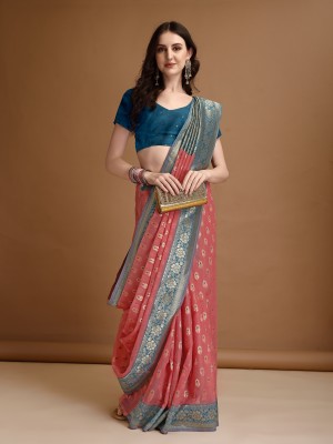 Divastri Woven, Floral Print, Geometric Print Jamdani Cotton Blend Saree(Pink)