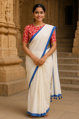 SMRITI BOUTIQUE Solid/Plain Handloom Handloom Pure Cotton Saree(White)