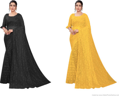 Nilkanthvarni Creation Self Design Bollywood Net Saree(Pack of 2, Black, Yellow)
