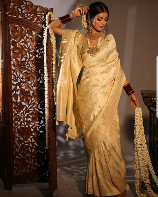 MISILY Self Design, Geometric Print, Applique, Solid/Plain Kasavu Cotton Silk Saree(Cream)