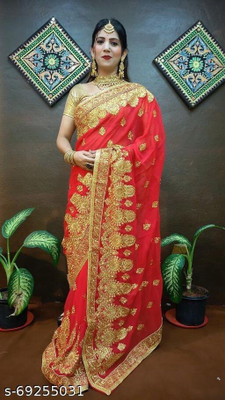 AADRIM Embroidered Bollywood Georgette Saree(Orange)