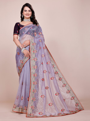 Westux Embroidered Baluchari Organza Saree(Purple)
