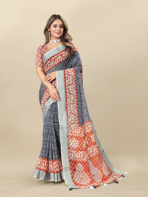 VERCO Woven Bollywood Cotton Linen Saree(Orange)