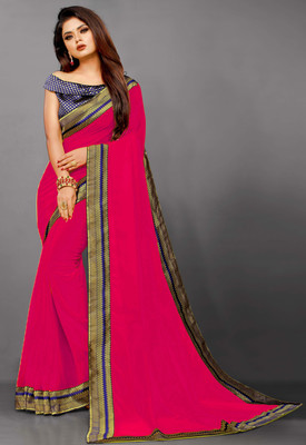 Mandani & Co. Solid/Plain Bollywood Georgette, Chiffon Saree(Pink)