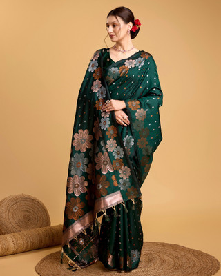 GajGajra Woven, Floral Print Banarasi Pure Silk Saree(Green)