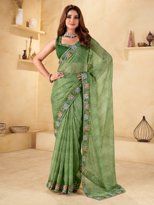 ANOUK Printed Bandhani Chiffon Saree(Light Green)