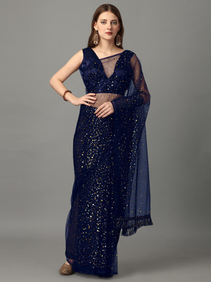 color bucket Polka Print Bollywood Net Saree(Dark Blue)