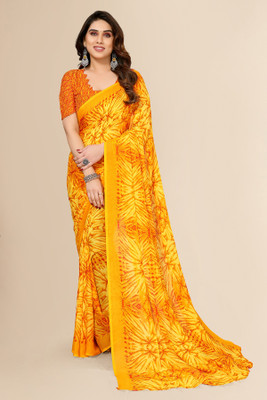 kashvi sarees Floral Print Daily Wear Georgette Saree(Yellow, Orange)