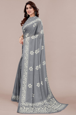 MIRCHI FASHION Printed, Blocked Printed Hand Batik Chiffon, Georgette Saree(Grey, White)