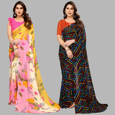 kashvi sarees Self Design, Printed Daily Wear Georgette Saree(Pack of 2, Yellow, Pink, Multicolor)