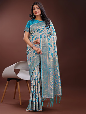 ASTITA Woven Saree with Attached Blouse Cotton Linen Saree(Dark Green)