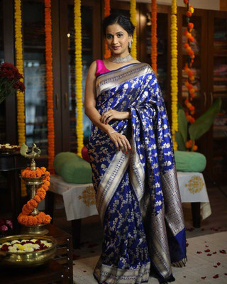 The Style Sanctuary Woven, Floral Print Banarasi Silk Blend Saree(Blue)