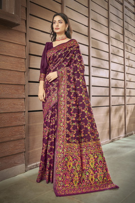 Sariya Woven Kalamkari Jacquard, Silk Blend Saree(Purple)