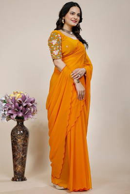 K 5 FASHION Self Design, Solid/Plain, Embroidered Bollywood Georgette Saree(Yellow)