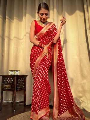 Rudr Venture Graphic Print Banarasi Silk Blend Saree(Red)