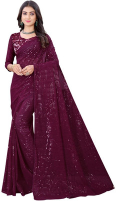 SHREE SHUBH ENTERPRISE Embellished, Embroidered, Self Design Bollywood Georgette Saree(Purple)