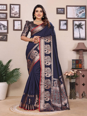 Elora Woven Banarasi Silk Blend Saree(Dark Blue)