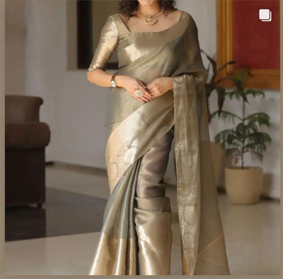 MT textiles Checkered Banarasi Tissue Saree(Grey)