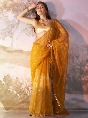 Divastri Embellished Bollywood Organza Saree(Gold)