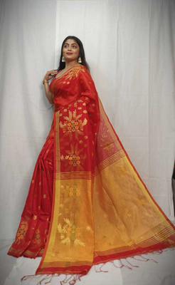 Ganesh plastic and industry Printed Handloom Cotton Jute Saree(Red)