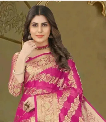 Kalika Fashion Woven, Embellished, Self Design Saree with Attached Blouse Organza Saree(Pink)