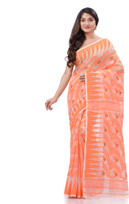 Desh Bidesh Woven, Self Design, Temple Border, Floral Print Jamdani Handloom Cotton Silk, Pure Cotton Saree(Orange)