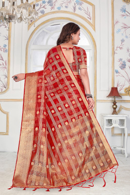 Aarunika SBT Solid/Plain Bollywood Organza Saree(Red)