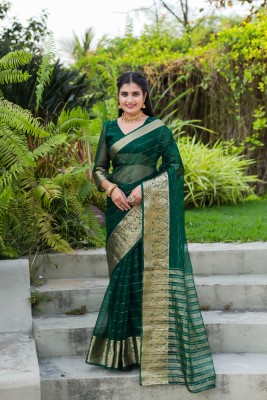 RAJVILASH Woven Bollywood Organza Saree(Dark Green)