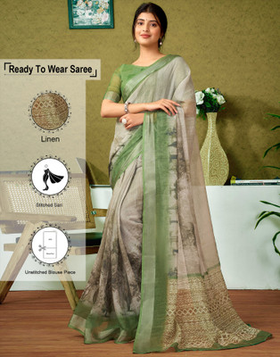 Samah Digital Print, Floral Print, Embellished Bollywood Linen Saree(Green)