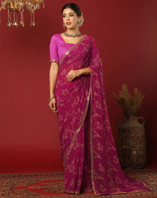 SIRIL Printed, Embellished Bandhani Georgette Saree(Pink)