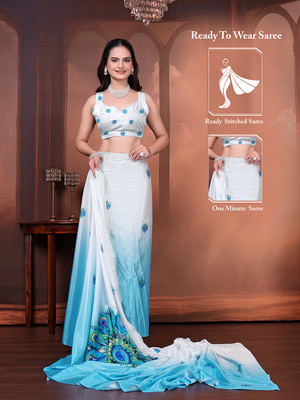 Pionex Printed Bollywood Silk Blend, Satin Saree(Light Blue)