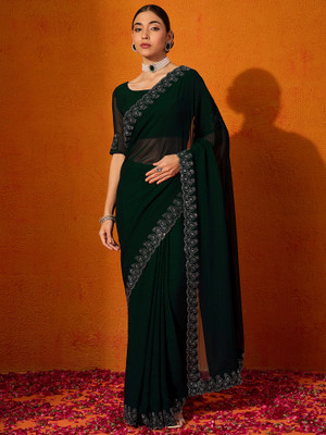 Sareemall Embellished Bollywood Chiffon Saree(Dark Green)