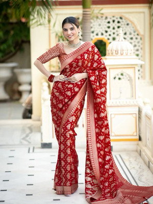 Tasrika Woven Banarasi Silk Blend Saree(Red)