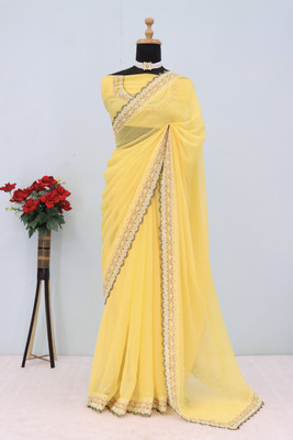 VarniRaaj Fashion Embellished Bollywood Organza Saree(Yellow)