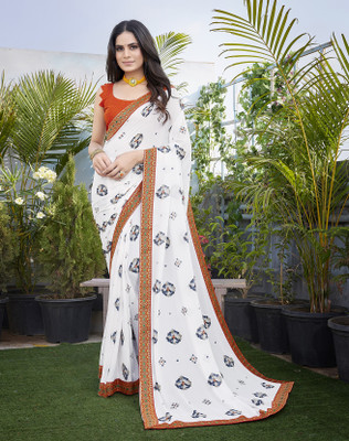 YASHIKA Printed Bandhani Georgette, Lace Saree(Orange)
