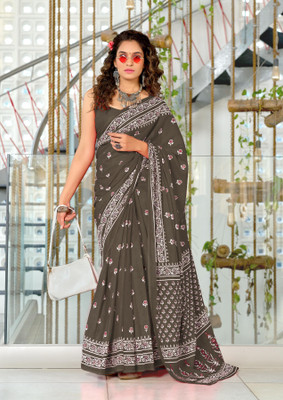 Divastri Blocked Printed, Printed Chanderi Cotton Blend Saree(Grey)