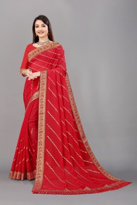 AARTI PRINTS Striped, Floral Print, Embroidered Daily Wear Georgette Saree(Red)