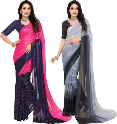 Moda Rapido Self Design, Striped, Ombre Bollywood Satin Saree(Pack of 2, Pink, Blue)