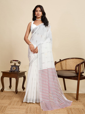 VISVASTA Woven, Self Design, Striped, Dyed, Printed, Embellished Bollywood Linen Saree(White)