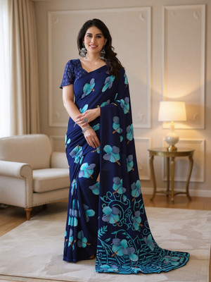 SmittenSmit Printed Bollywood Georgette Saree(Blue, Dark Blue)