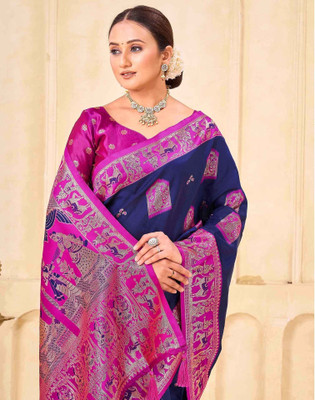 Satrani Woven Banarasi Silk Blend Saree(Dark Blue, Pink)