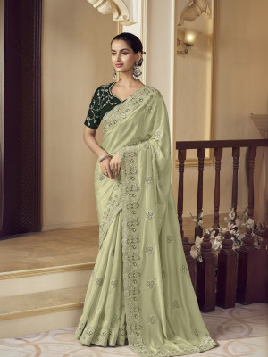 odette Embroidered Saree with Attached Blouse Georgette Saree(Pack of 2, Light Green)