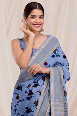 DHARMRAJ ENTERPRISE Floral Print, Printed Daily Wear Tussar Silk Saree(Light Blue)