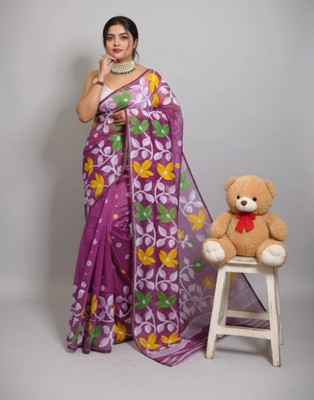 TUYA Woven Jamdani Cotton Silk Saree(Magenta)