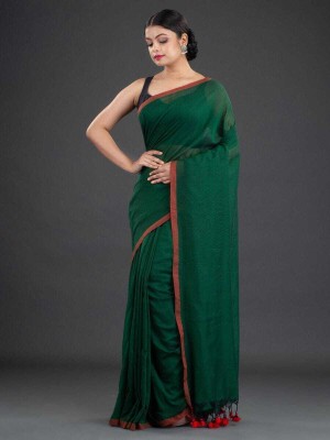 Dadavai Store Solid/Plain Handloom Pure Cotton Saree(Green, Red)