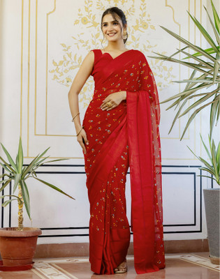 Samah Digital Print, Printed, Embellished Bollywood Georgette Saree(Red)